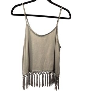 Fairy Boho Olive Green Fringe Hem Cami Tank Top Sz L Earthy Festival Western